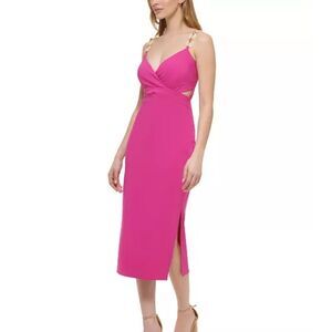 Guess Side-Cutout Midi Dress V-Neck Chain Straps Bright Pink Women's Size 4